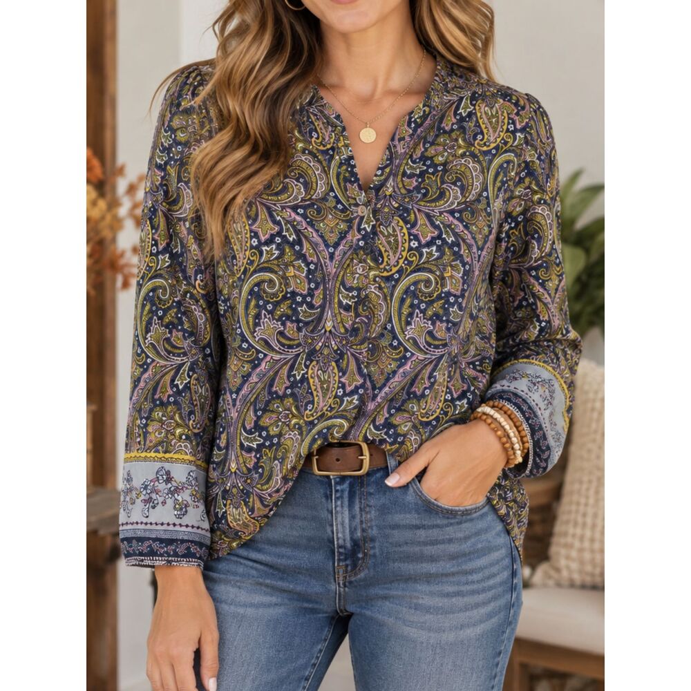LOFT Paisley Boho Blouse Medium Navy Pink Long Sleeve Button Front Tunic Top